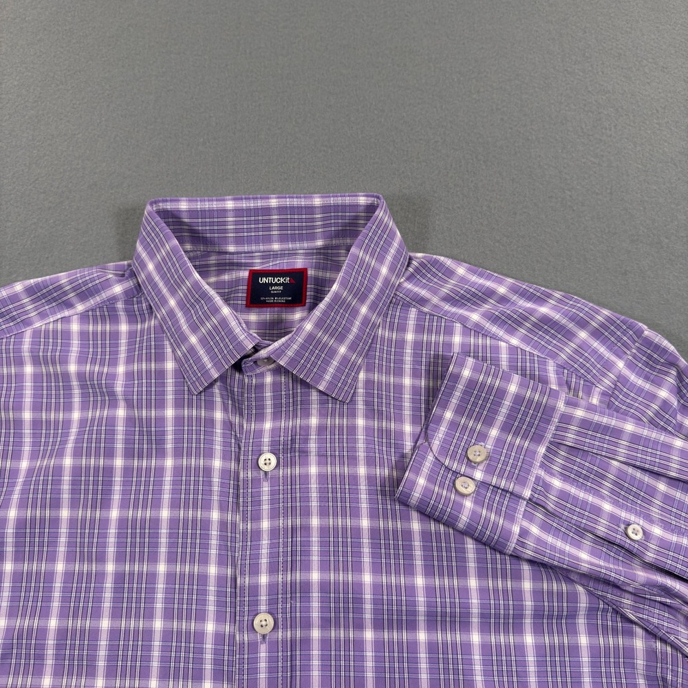 UNTUCKit Mens Large‎ Slim Fit Purple Plaid Performance Stretch Button Down Shirt